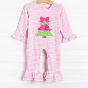 Rockin Around the Christmas Tree Applique Ruffle Romper Pink Stripe Smockingbird